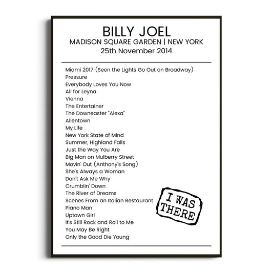 Billy Joel New York 25 November 2014 Setlist Poster