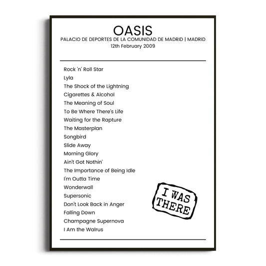 Oasis Madrid 12 February 2009 Setlist Poster