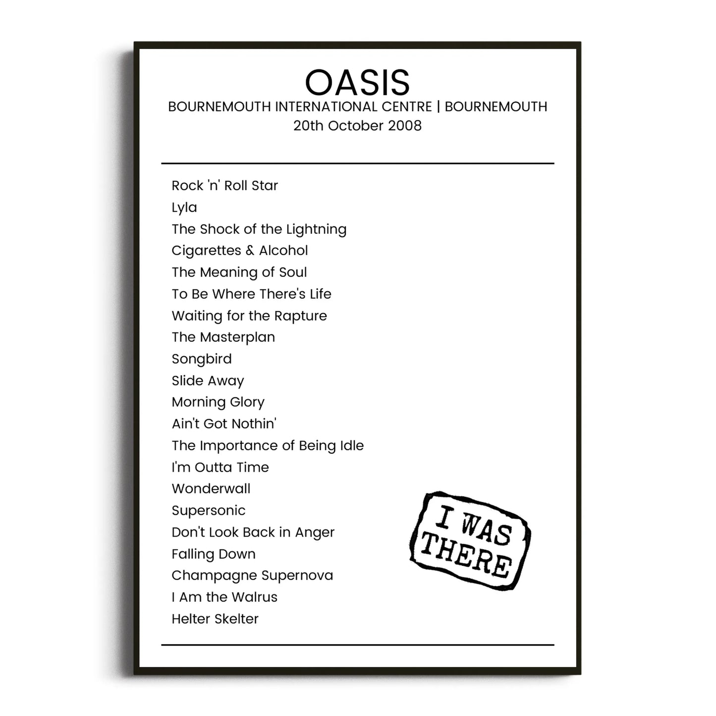 Oasis Bournemouth 20 October 2008 Setlist Poster