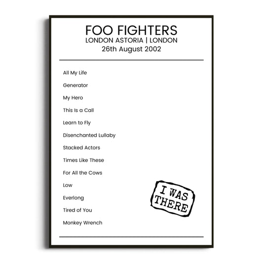 Foo Fighters London 26 August 2002 Setlist Poster