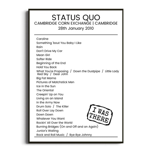 Status Quo Cambridge 28 January 2010 Setlist Poster