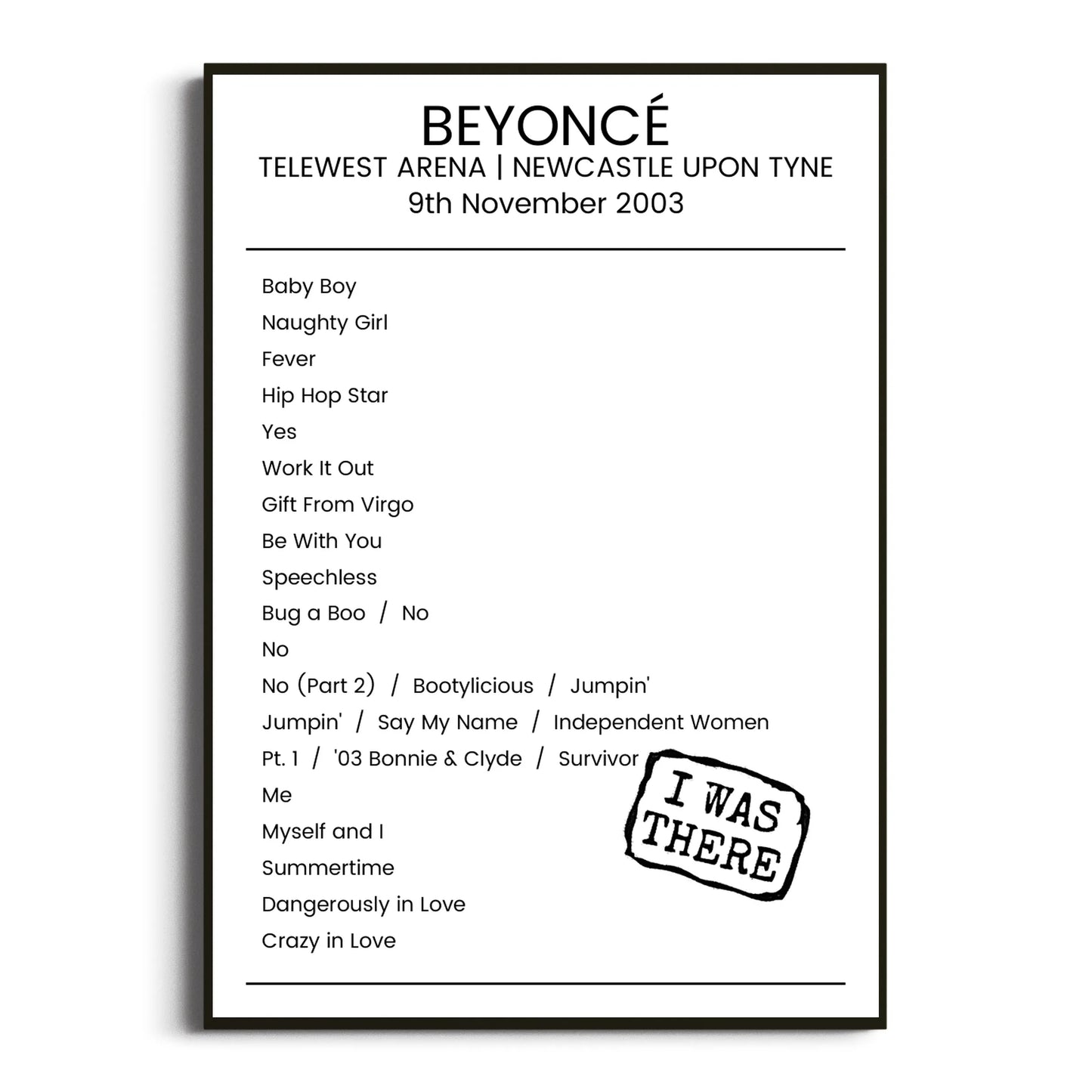 Beyoncé Newcastle upon Tyne 09 November 2003 Setlist Poster