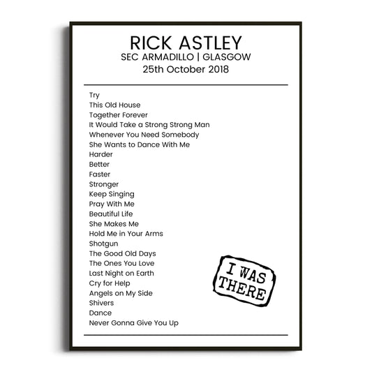 Rick Astley Glasgow 25 October 2018 Setlist Poster