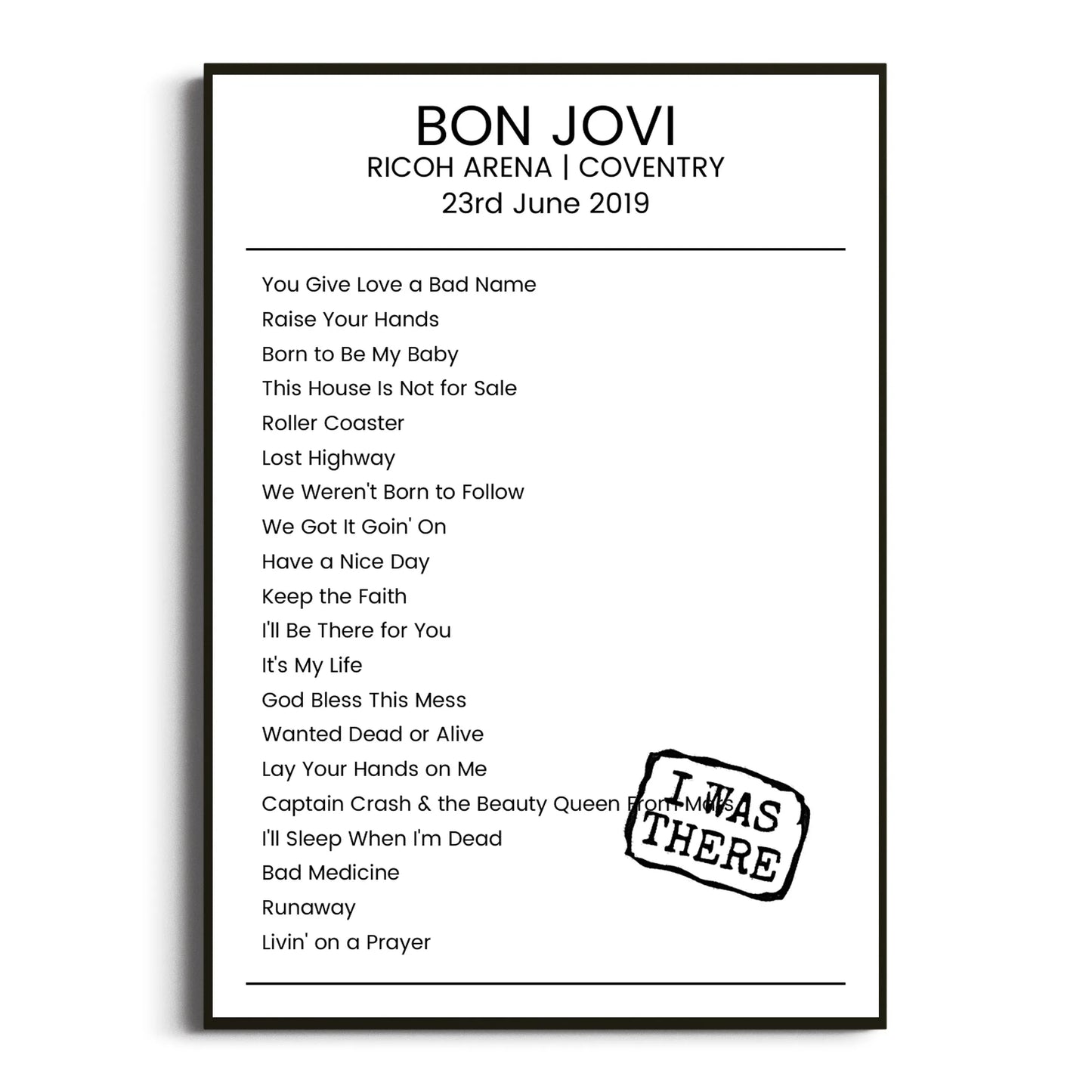 Bon Jovi Coventry 23 June 2019 Setlist Poster