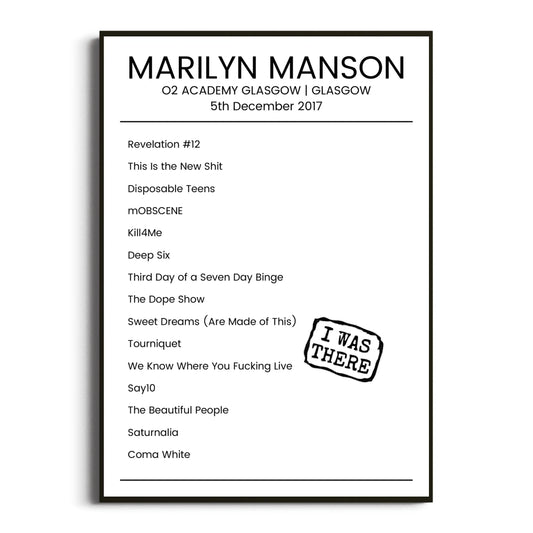 Marilyn Manson Glasgow 05 December 2017 Setlist Poster