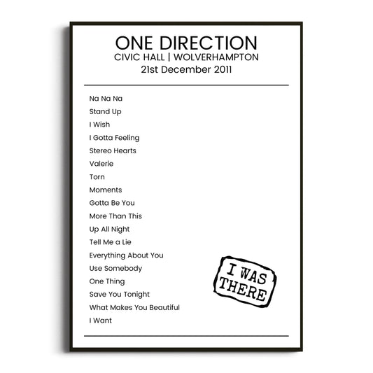 One Direction Wolverhampton 21 December 2011 Setlist Poster