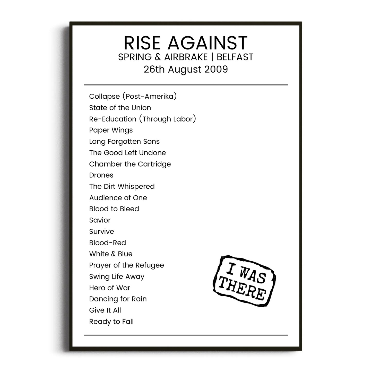 Rise Against Belfast 26 August 2009 Setlist Poster