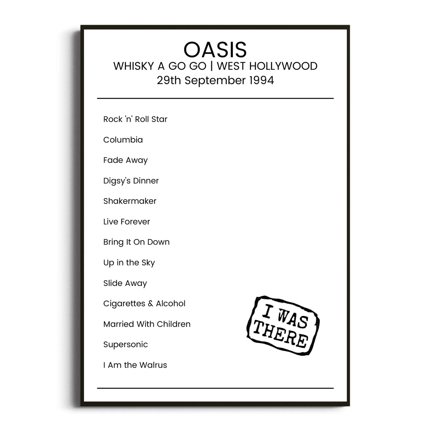 Oasis West Hollywood 29 September 1994 Setlist Poster