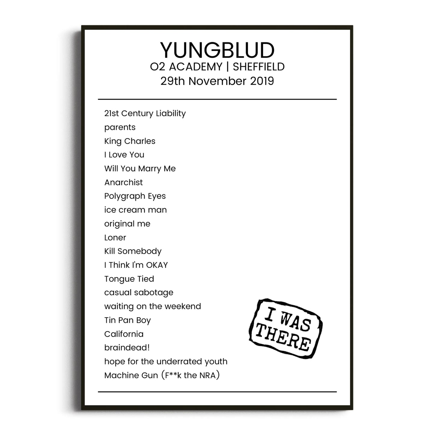 YUNGBLUD Sheffield 29 November 2019 Setlist Poster