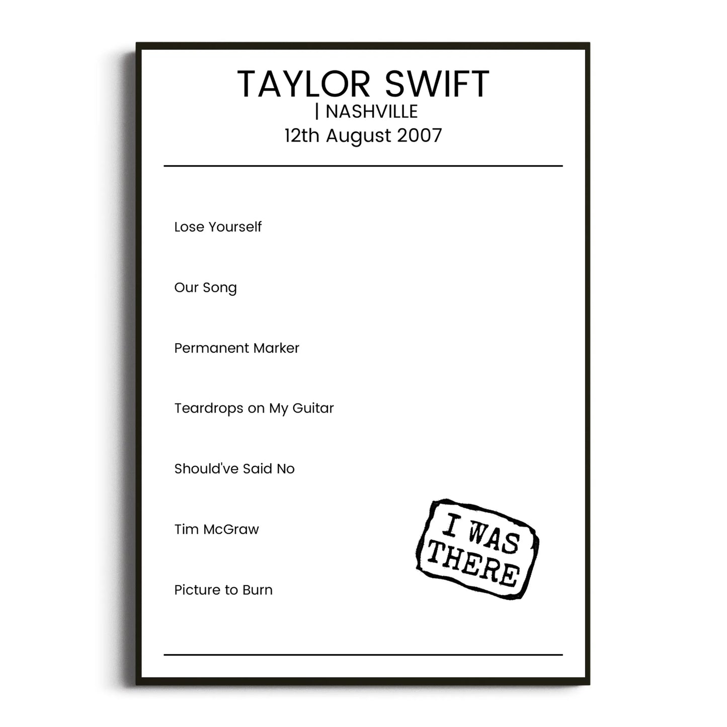 Taylor Swift Nashville 12 August 2007 Setlist Poster