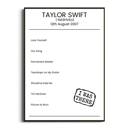 Taylor Swift Nashville 12 August 2007 Setlist Poster