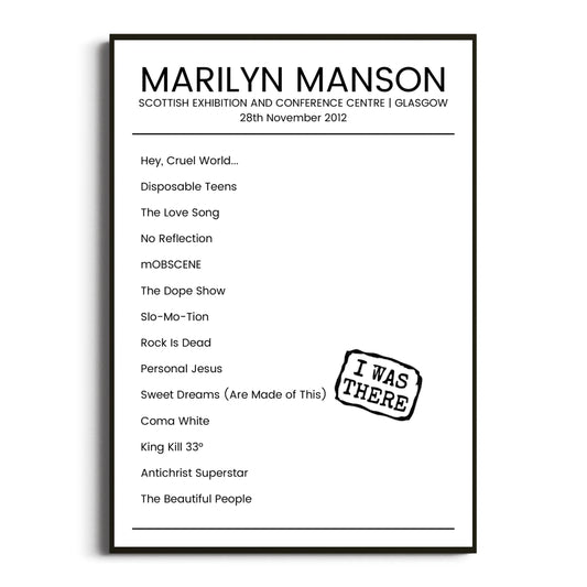 Marilyn Manson Glasgow 28 November 2012 Setlist Poster