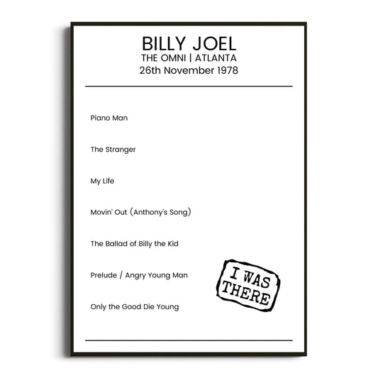 Billy Joel Atlanta 26 November 1978 Setlist Poster