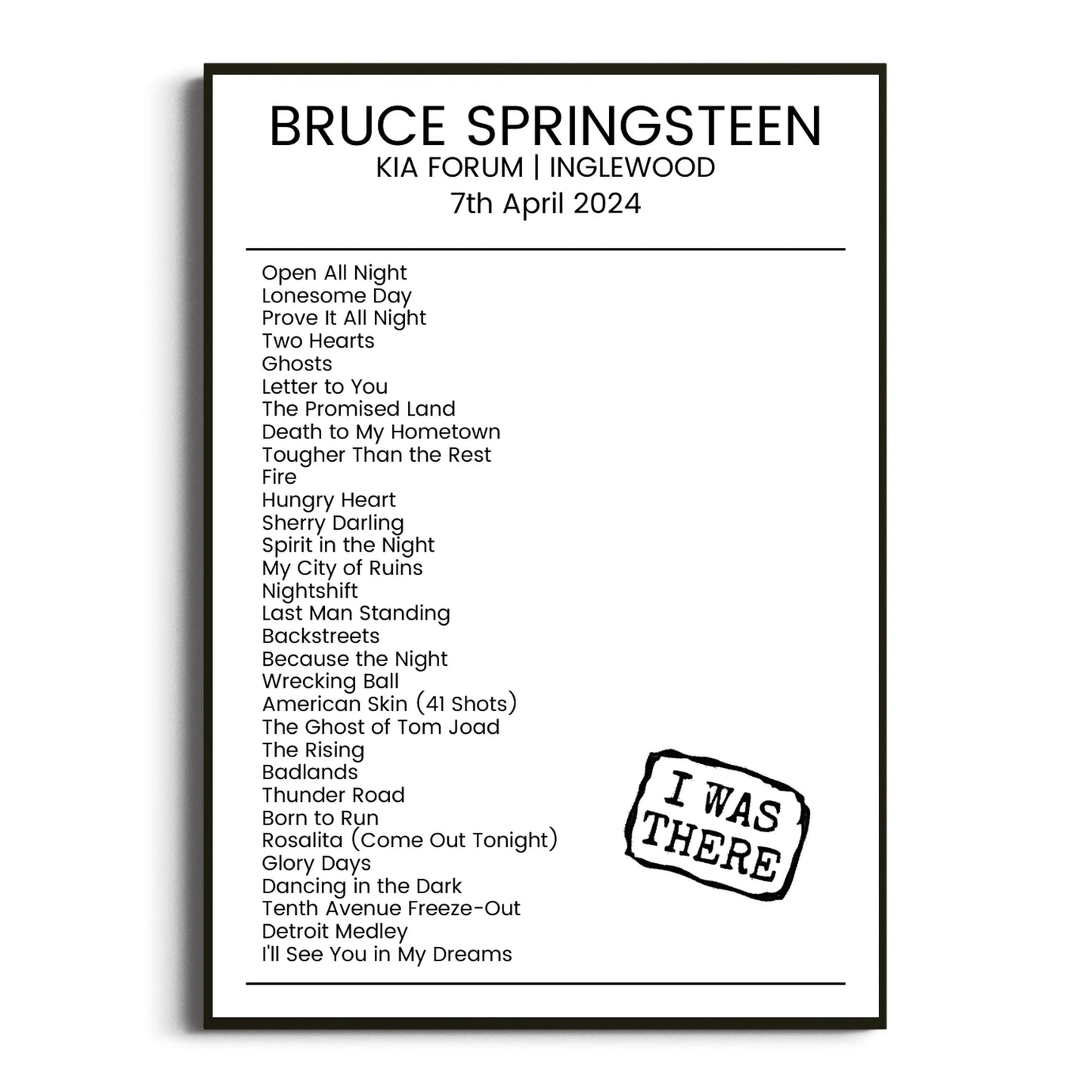 Bruce Springsteen Inglewood 07 April 2024 Setlist Poster