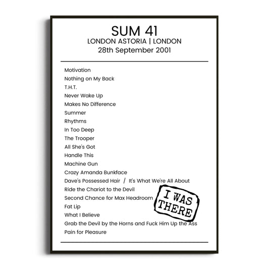 Sum 41 London 28 September 2001 Setlist Poster