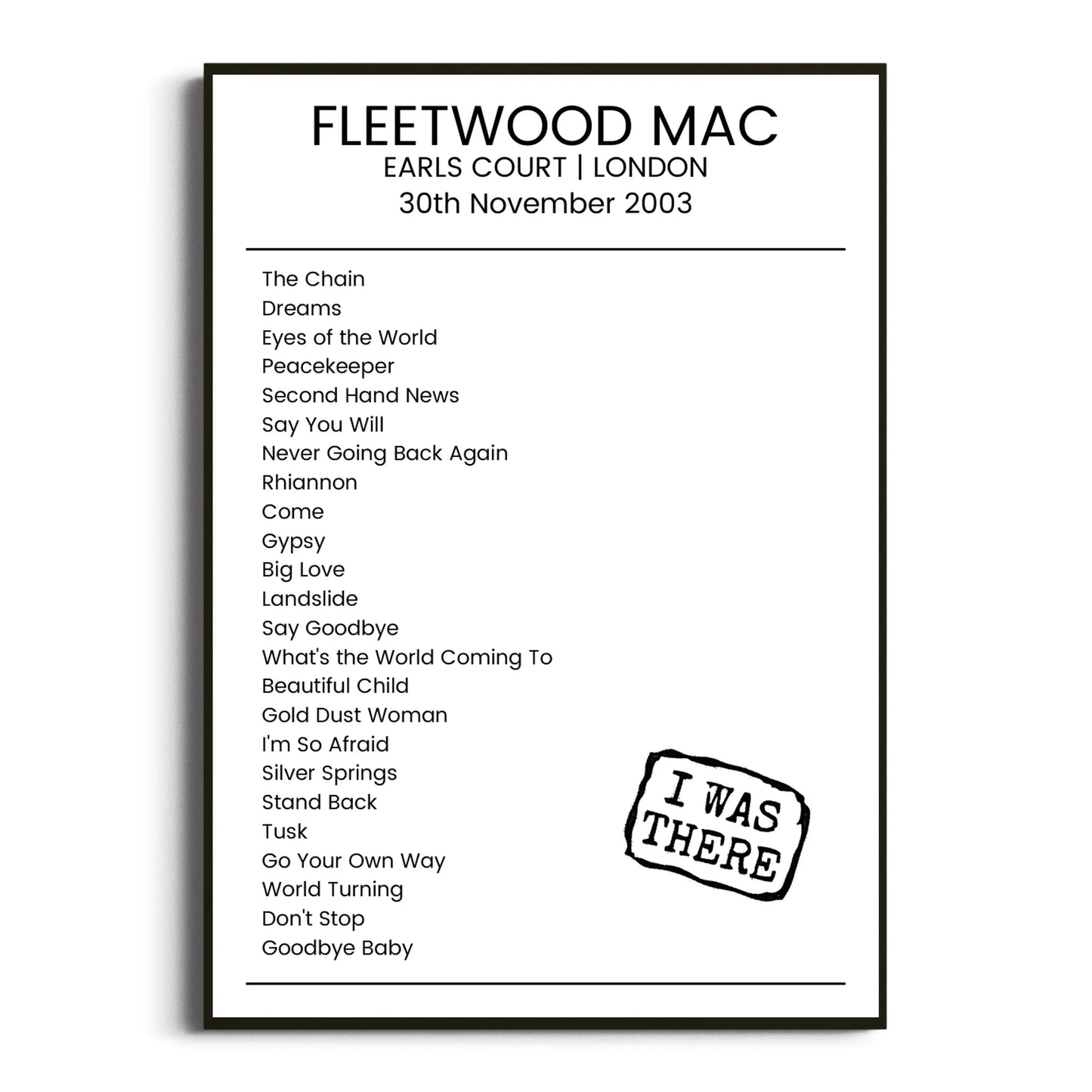 Fleetwood Mac London 30 November 2003 Setlist Poster