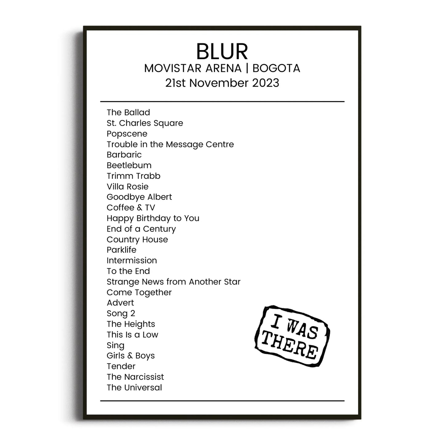 Blur Bogota 21 November 2023 Setlist Poster