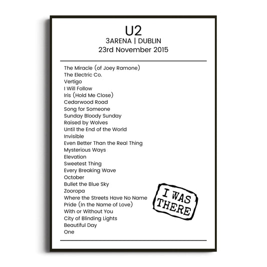 U2 Dublin 23 November 2015 Setlist Poster