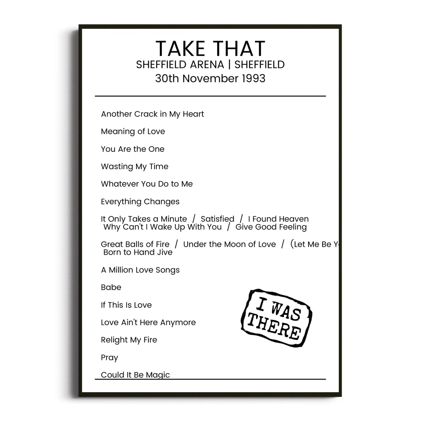 Take That Sheffield 30 November 1993 Setlist Poster