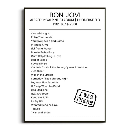 Bon Jovi Huddersfield 13 June 2001 Setlist Poster