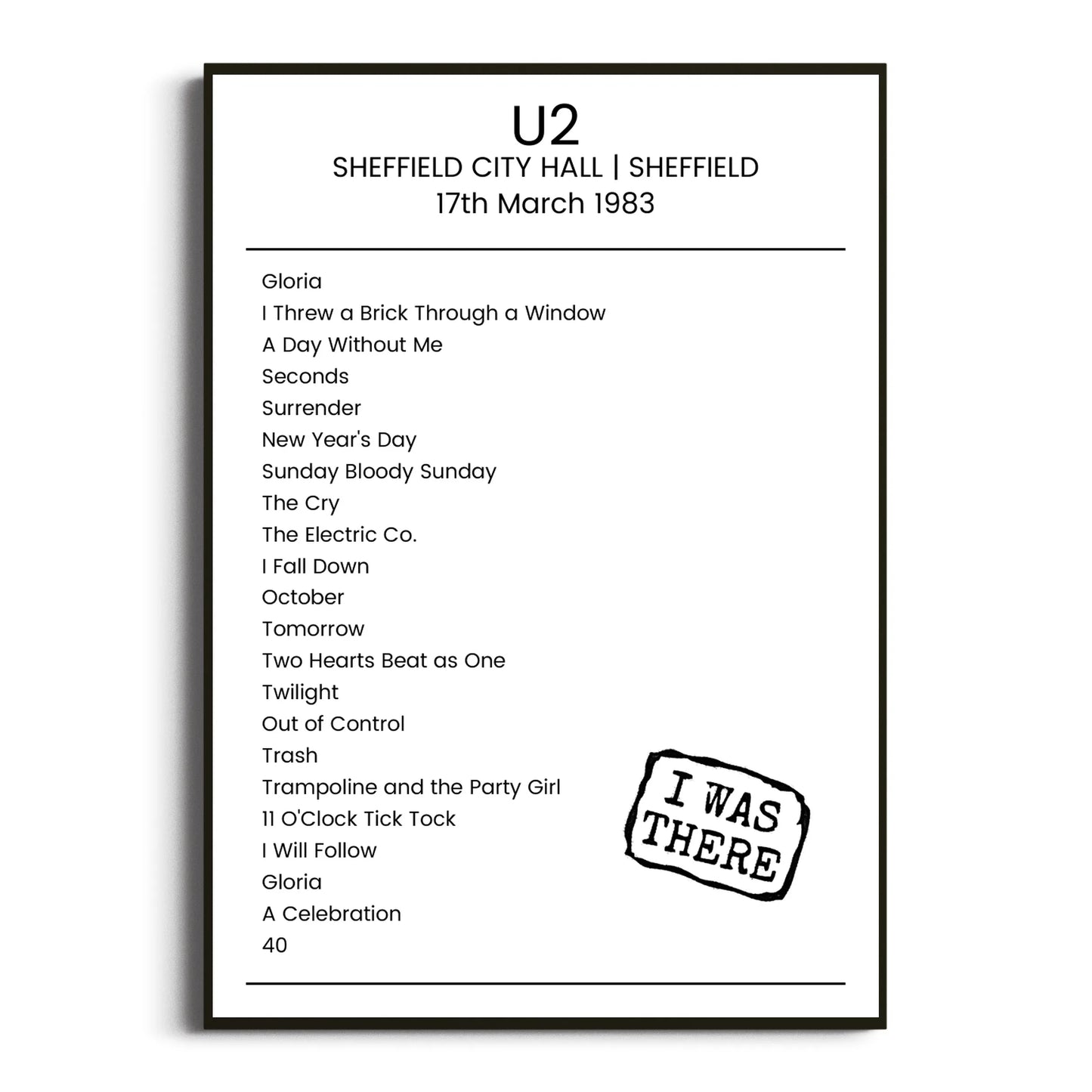 U2 Sheffield 17 March 1983 Setlist Poster