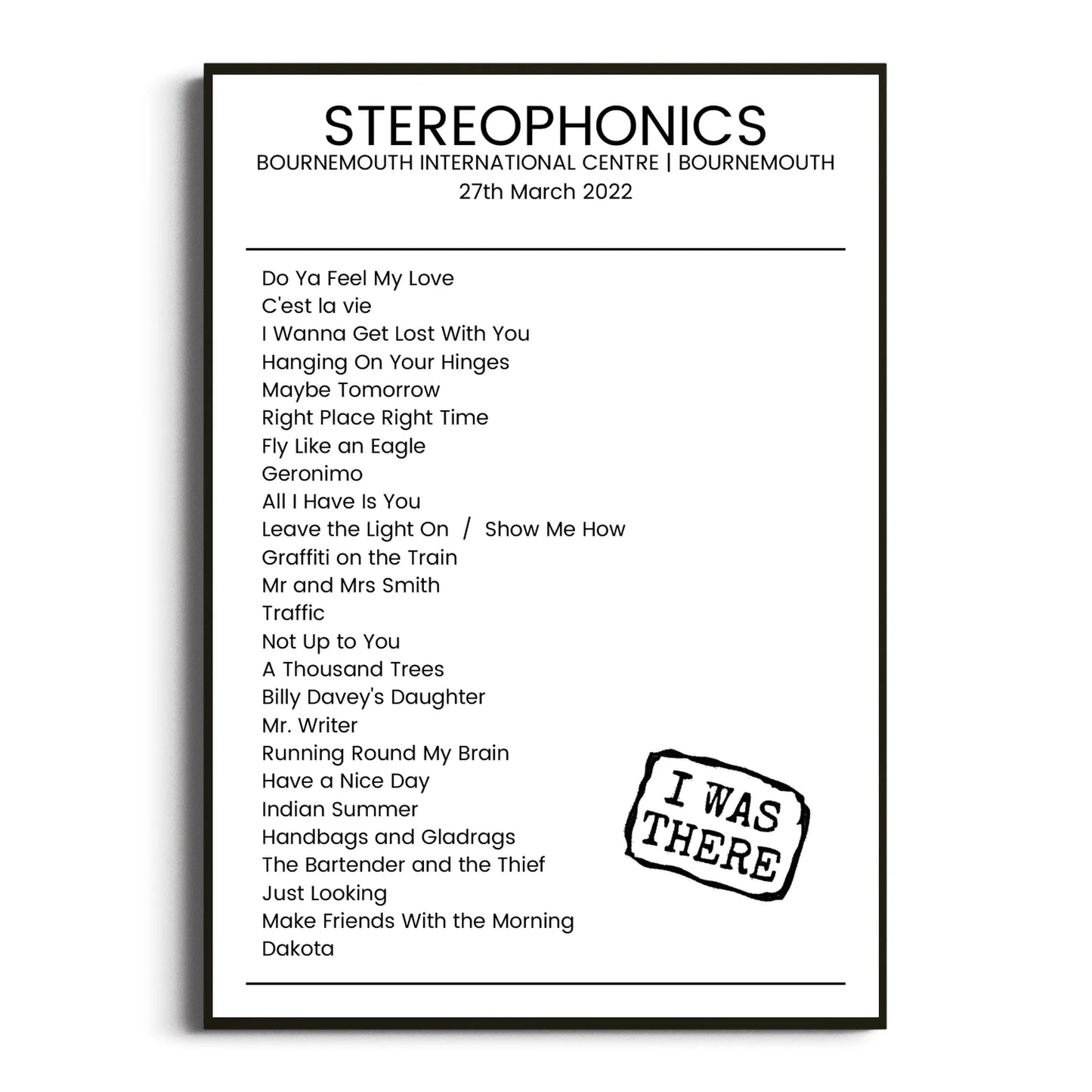 Stereophonics Bournemouth 27 March 2022 Setlist Poster