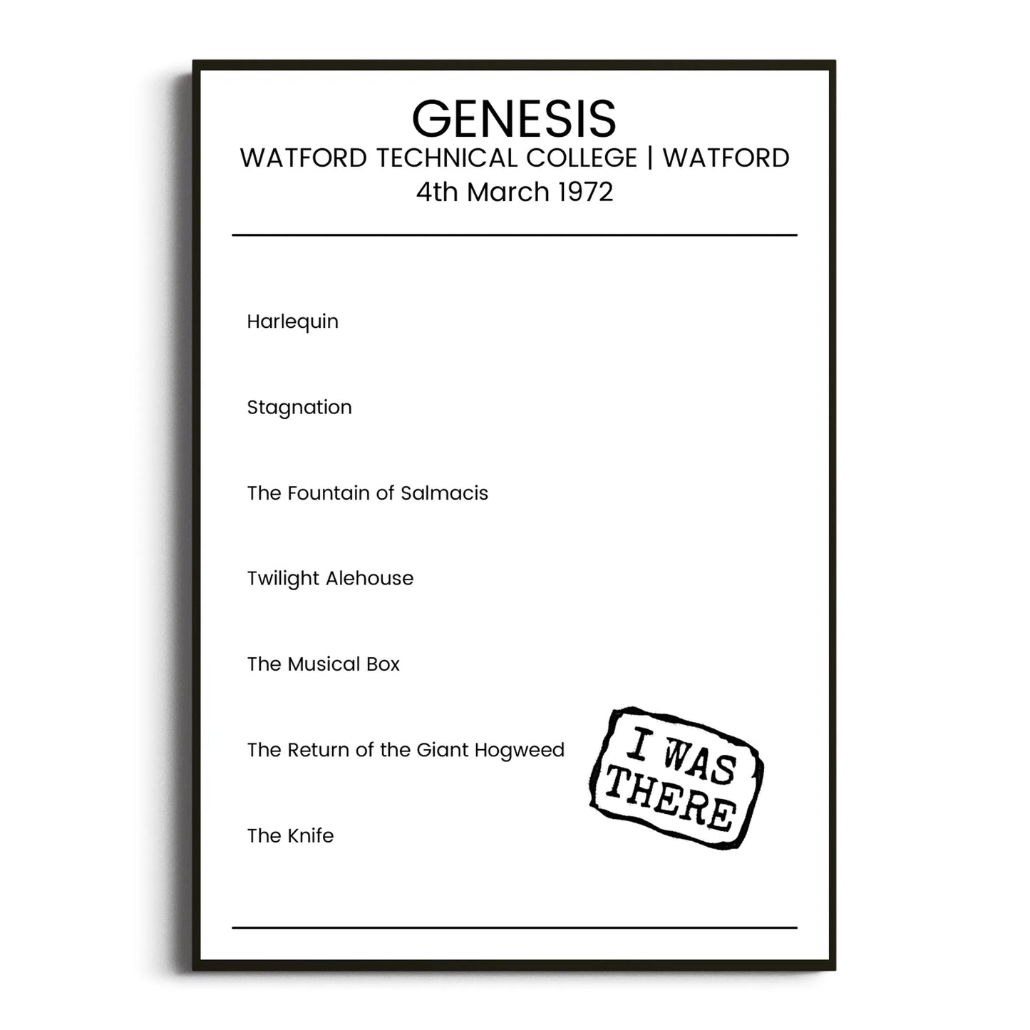 Genesis Watford 04 March 1972 Setlist Poster