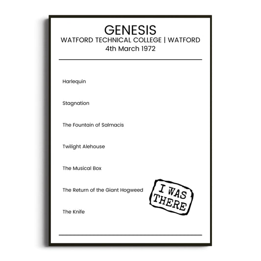 Genesis Watford 04 March 1972 Setlist Poster