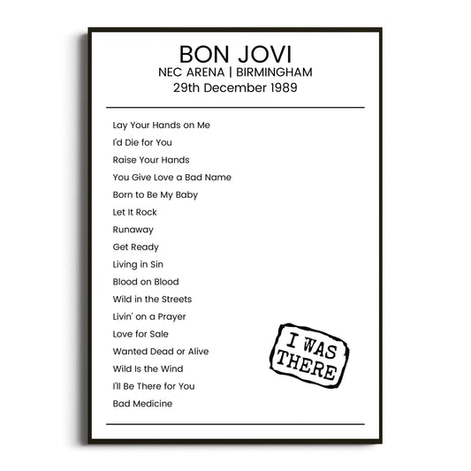 Bon Jovi Birmingham 29 December 1989 Setlist Poster