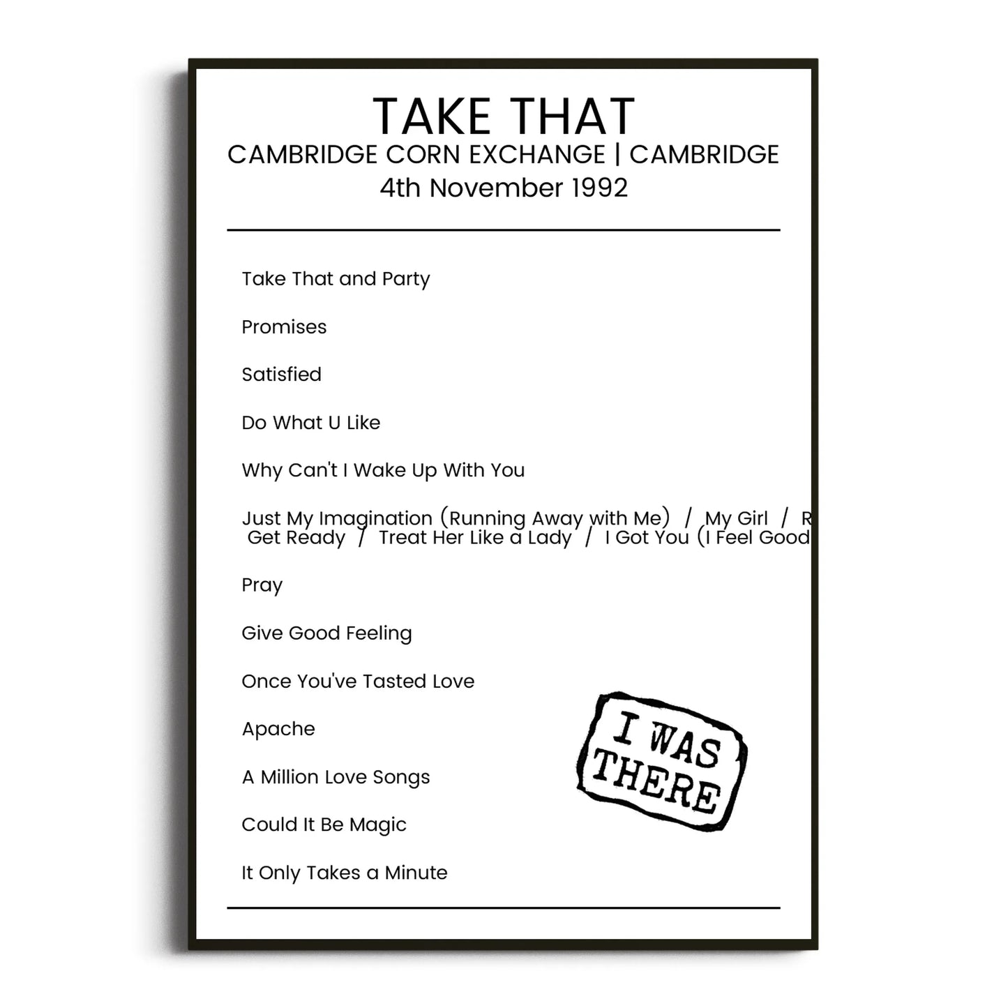 Take That Cambridge 04 November 1992 Setlist Poster