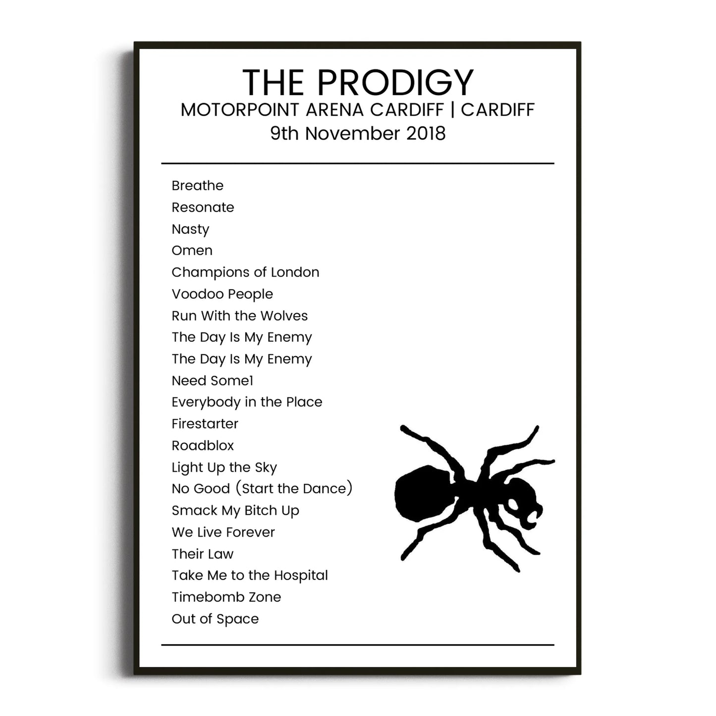 The Prodigy Cardiff 09 November 2018 Setlist Poster