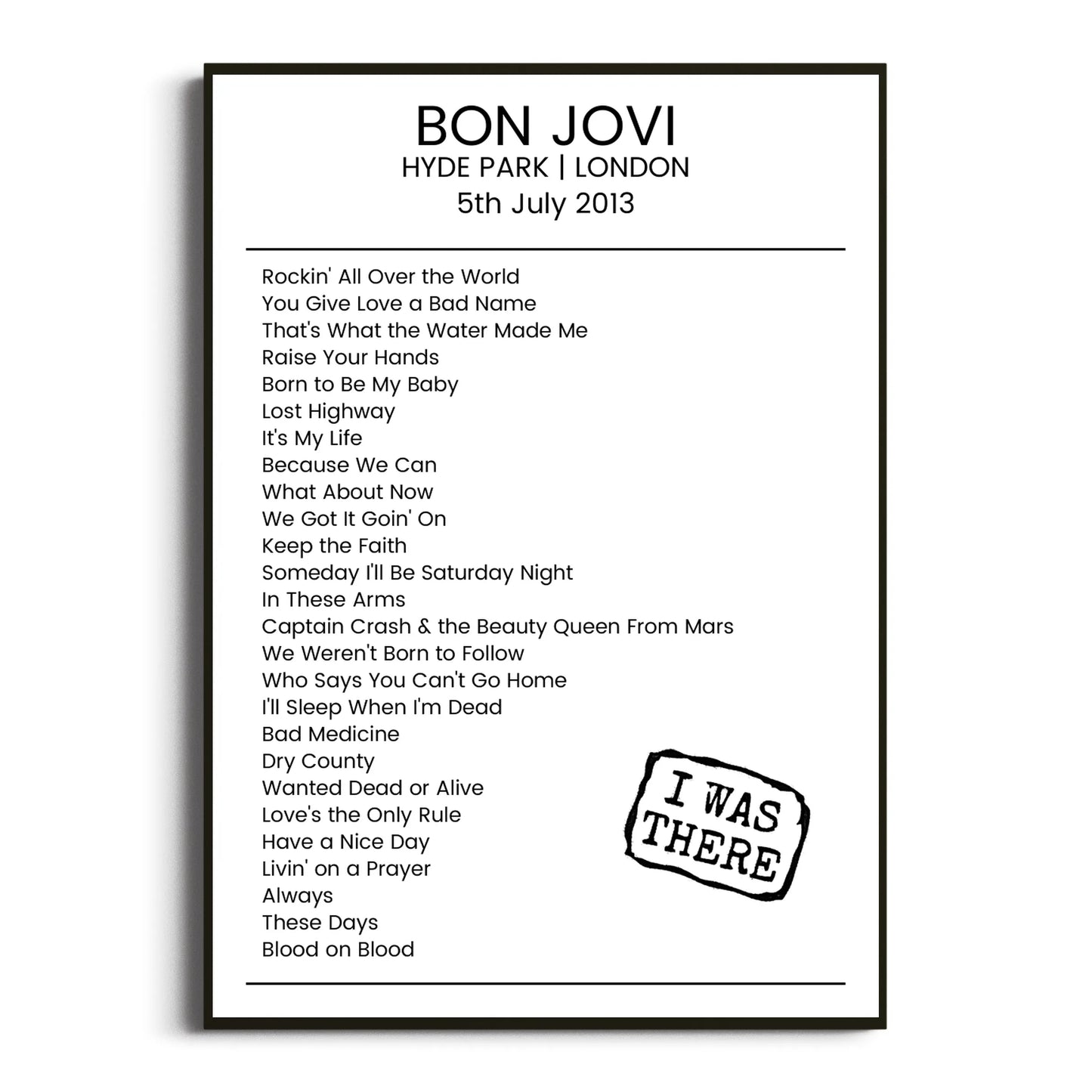 Bon Jovi London 05 July 2013 Setlist Poster