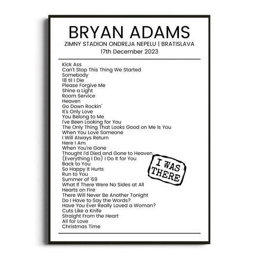 Bryan Adams Bratislava 17 December 2023 Setlist Poster