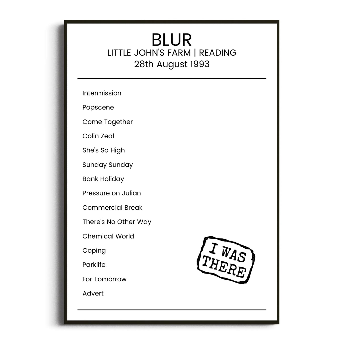 Blur Reading 28 August 1993 Setlist Poster