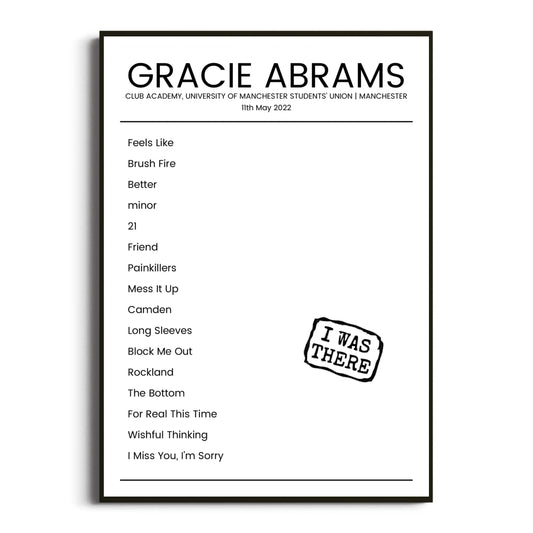 Gracie Abrams Manchester 11 May 2022 Setlist Poster