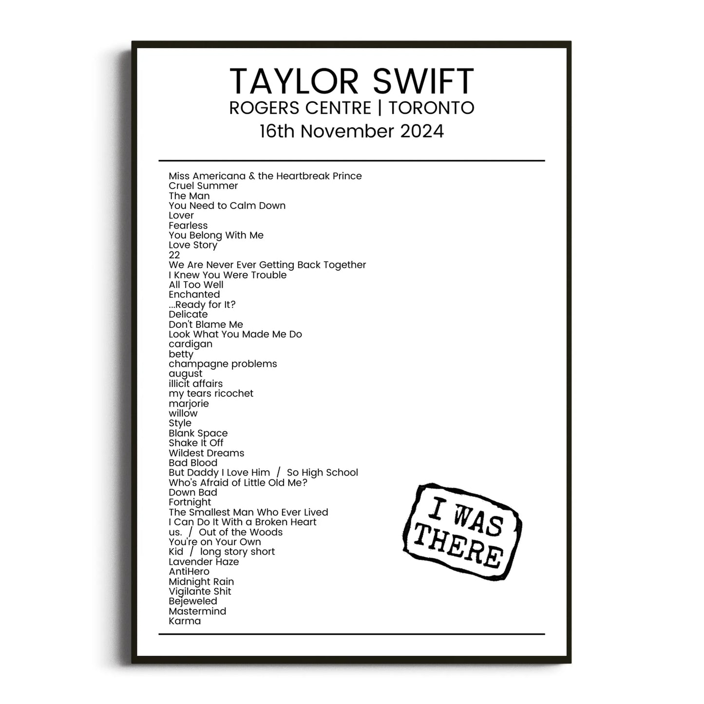 Taylor Swift Toronto 16 November 2024 Setlist Poster