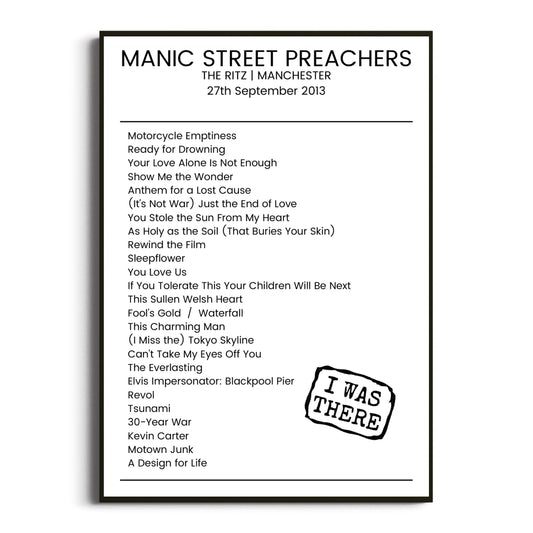 Manic Street Preachers Manchester 27 September 2013 Setlist Poster