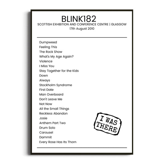 blink‐182 Glasgow 17 August 2010 Setlist Poster