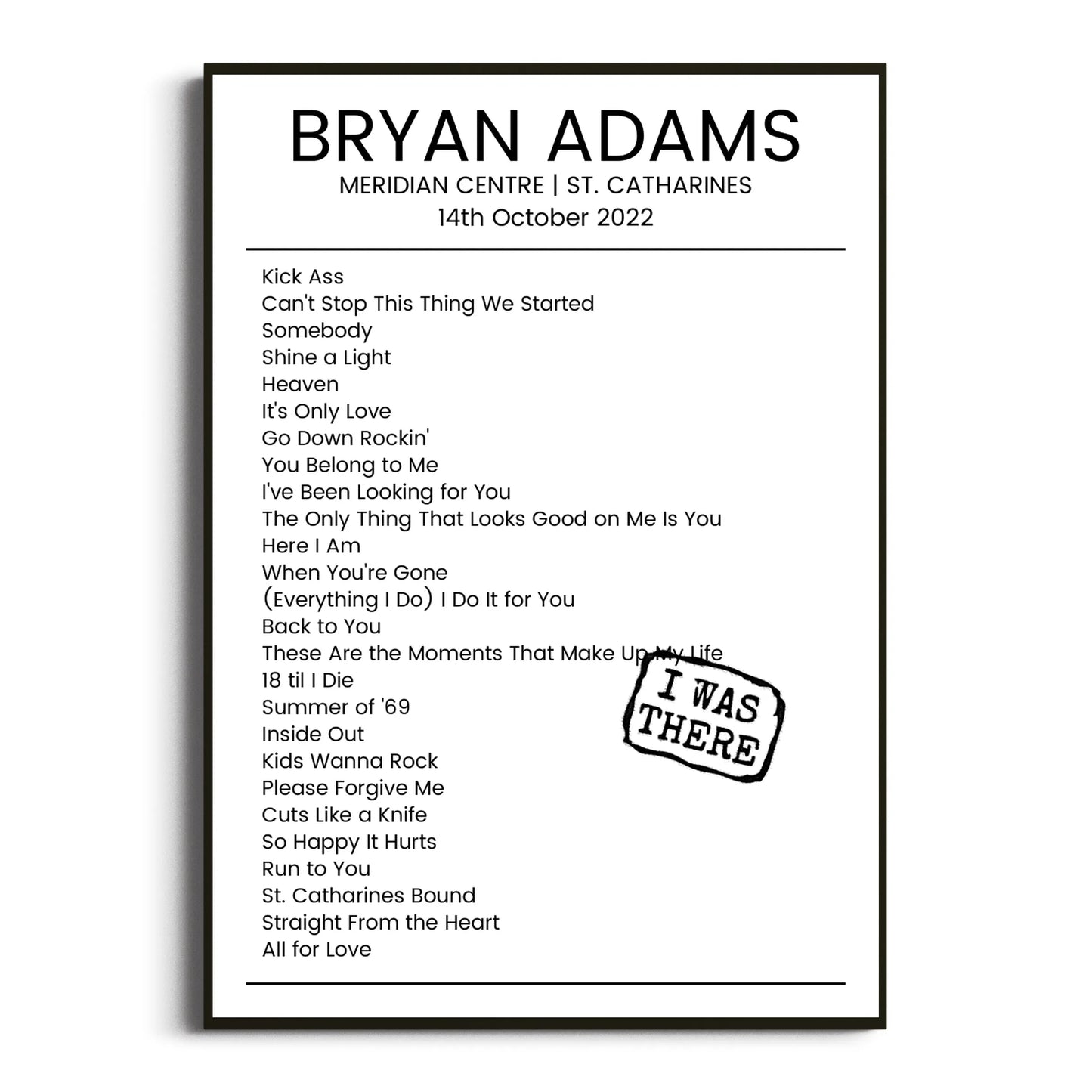 Bryan Adams St. Catharines 14 October 2022 Setlist Poster