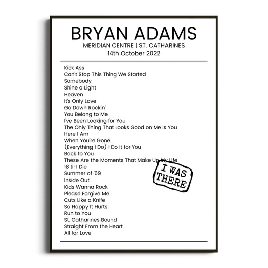 Bryan Adams St. Catharines 14 October 2022 Setlist Poster