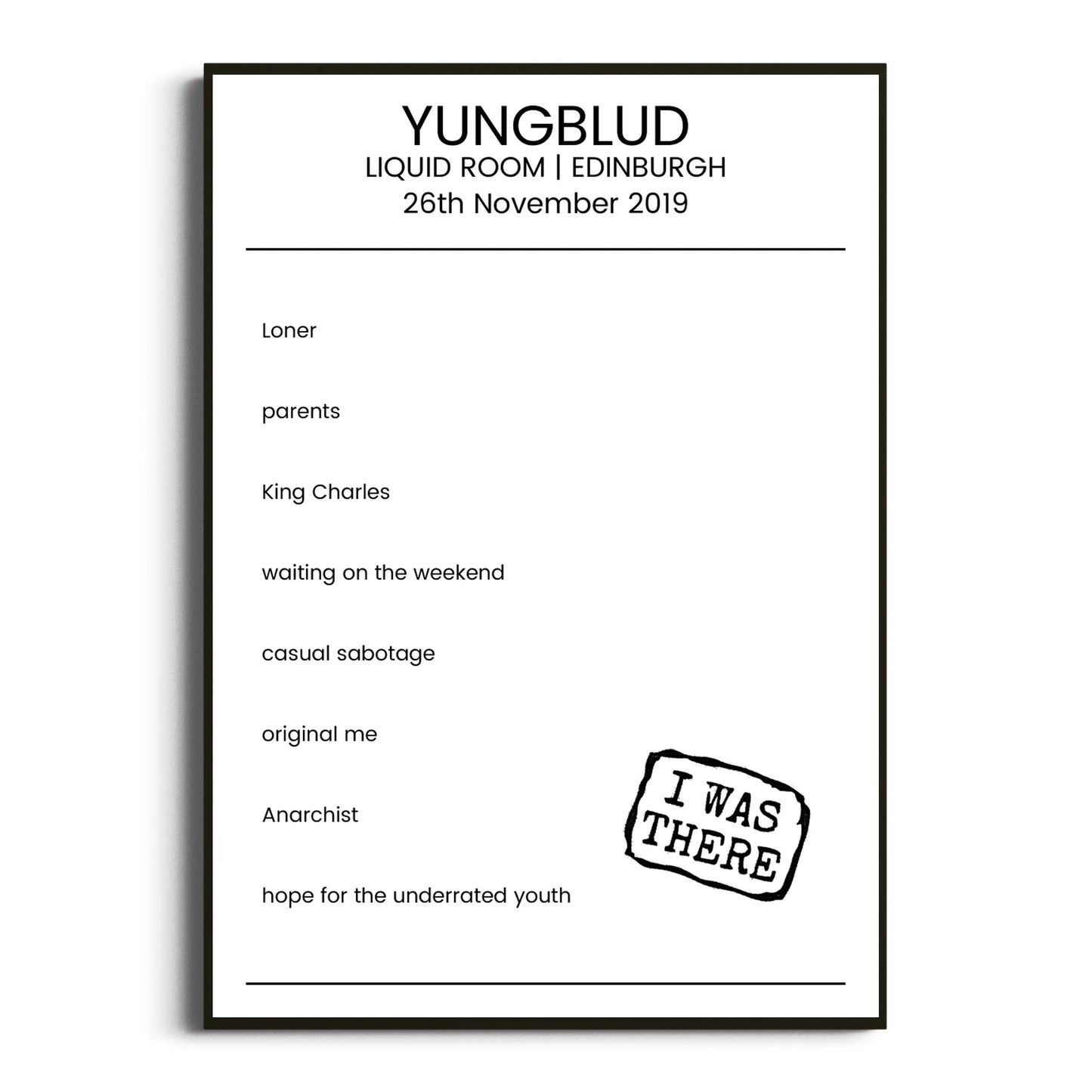 YUNGBLUD Edinburgh 26 November 2019 Setlist Poster