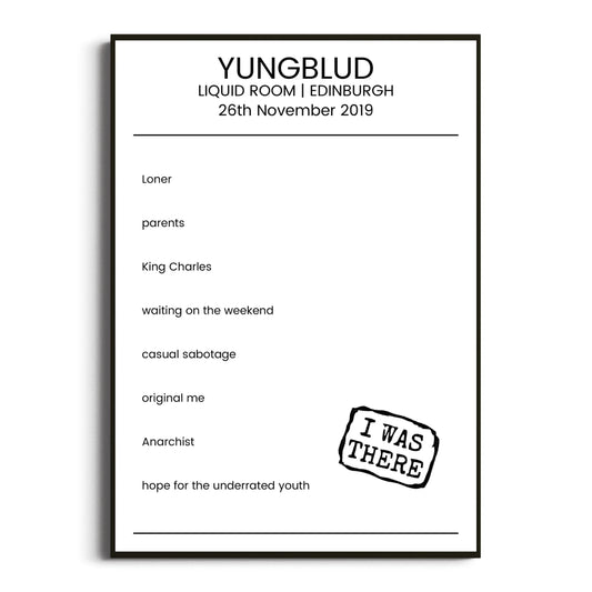 YUNGBLUD Edinburgh 26 November 2019 Setlist Poster