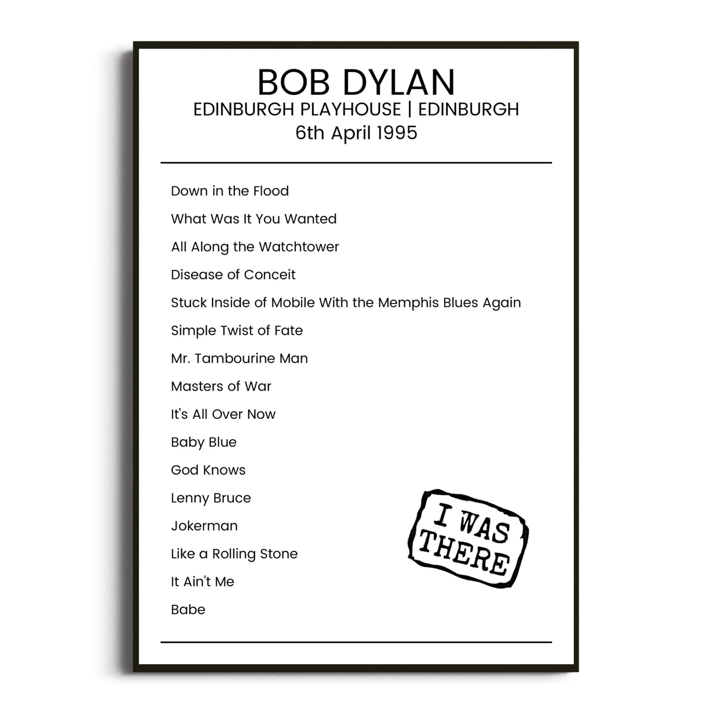 Bob Dylan Edinburgh 06 April 1995 Setlist Poster