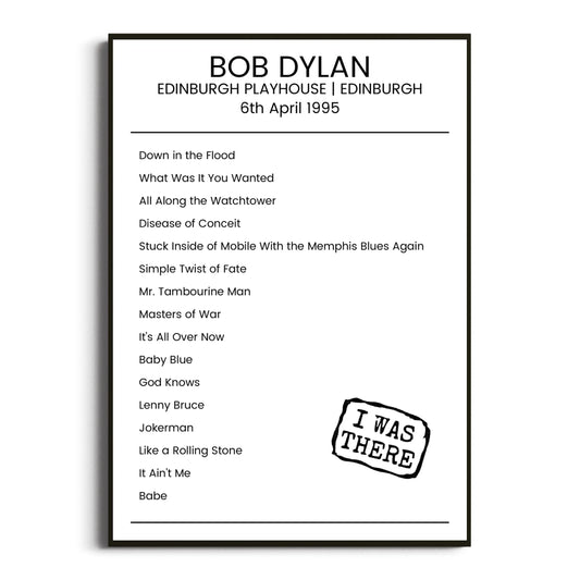 Bob Dylan Edinburgh 06 April 1995 Setlist Poster