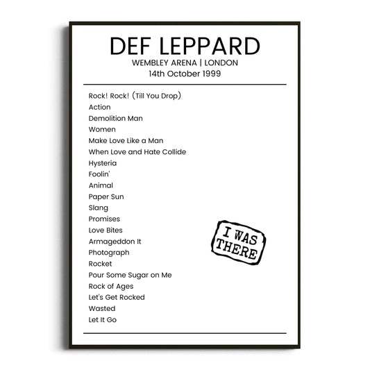 Def Leppard London 14 October 1999 Setlist Poster