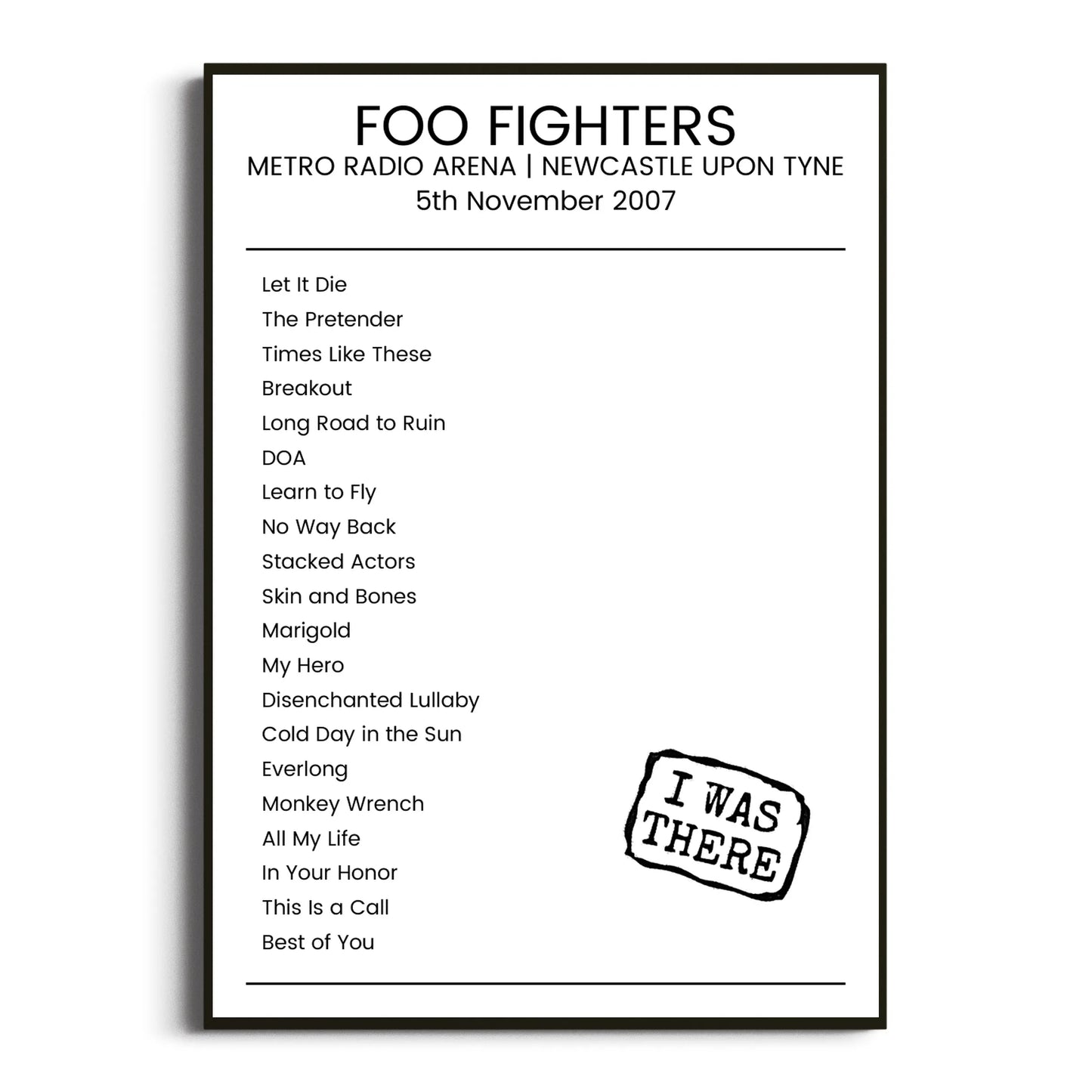 Foo Fighters Newcastle upon Tyne 05 November 2007 Setlist Poster