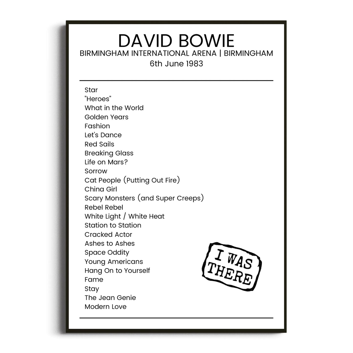 David Bowie Birmingham 06 June 1983 Setlist Poster