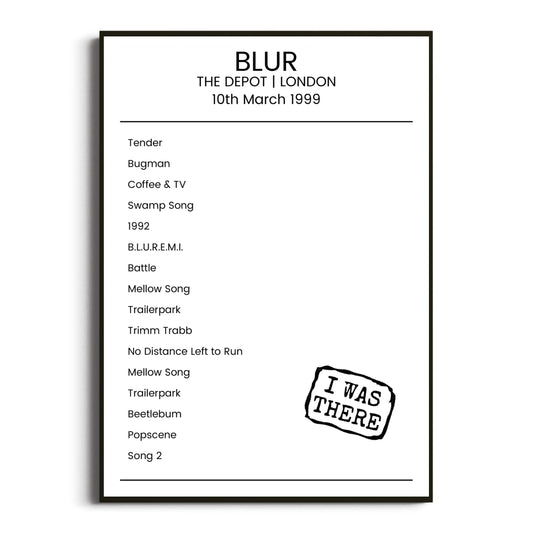 Blur London 10 March 1999 Setlist Poster