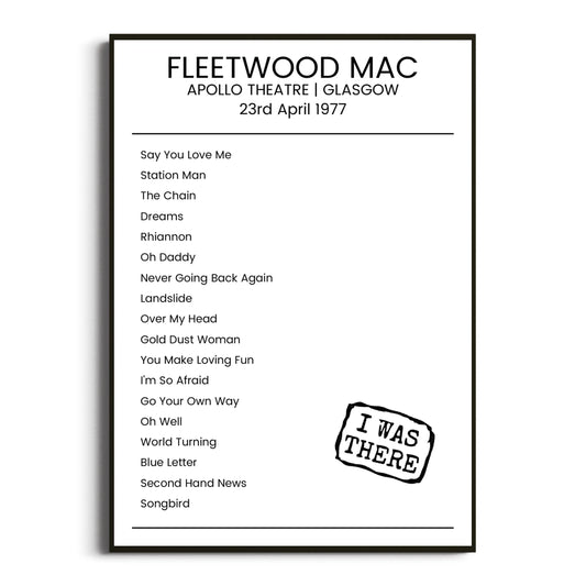 Fleetwood Mac Glasgow 23 April 1977 Setlist Poster