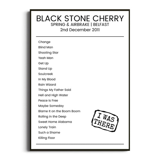 Black Stone Cherry Belfast 02 December 2011 Setlist Poster